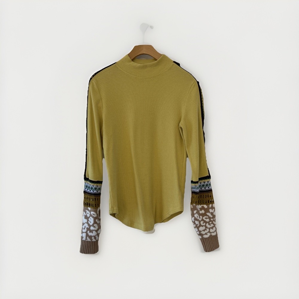 Free People Mustard Yellow Waffle Knit Mock Neck Mixed Media Sleeve Top Large